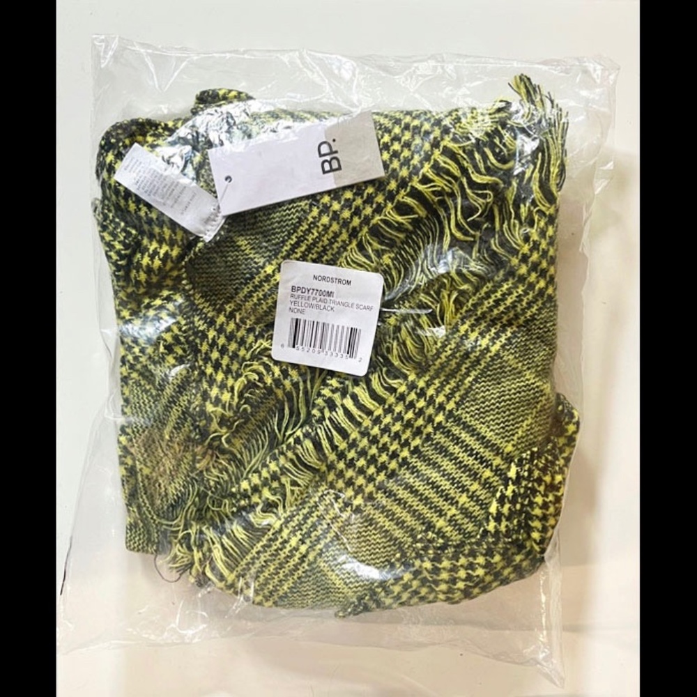 BP for Nordstom : Plaid Triangle Scarf : New Unopened TOP Sample : Yellow/Black